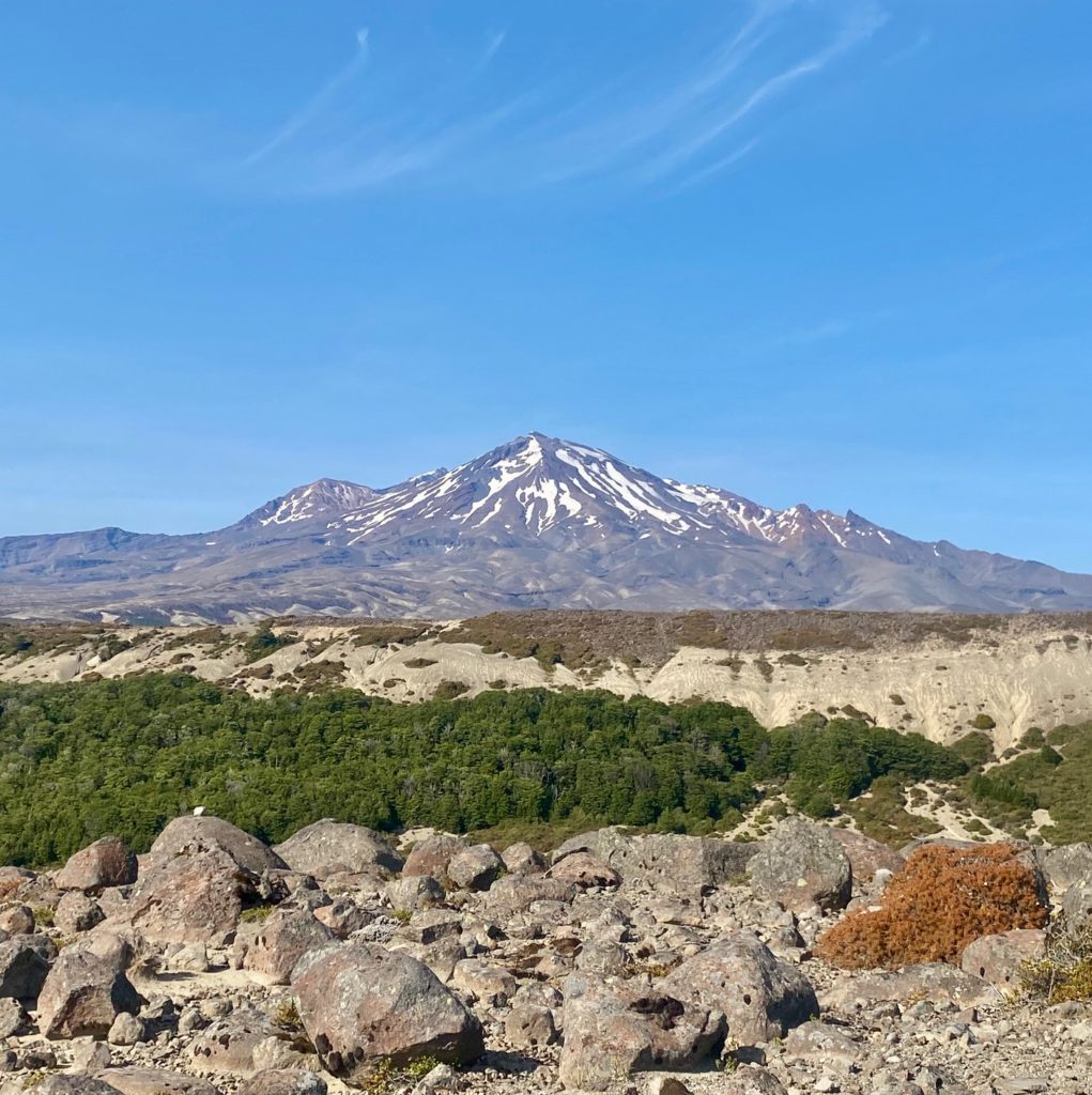 Mt. Ruapehu towering above landscape of Tongariro Northern Circuit