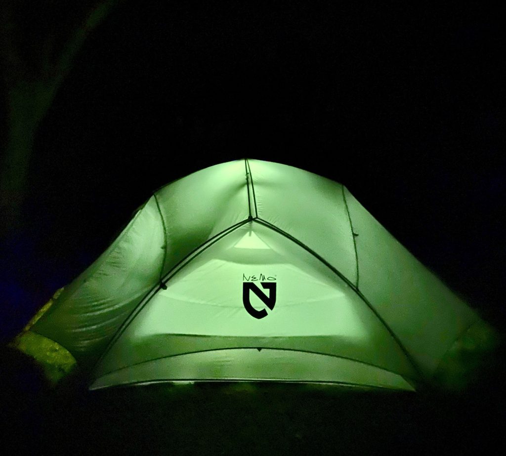 Nighttime picture of Nemo tent